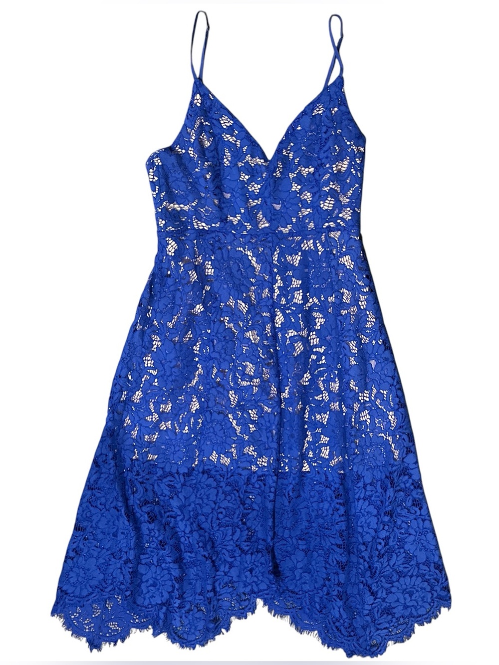 Lulus One Wish Royal Blue Lace Handkerchief Midi Dress Size S